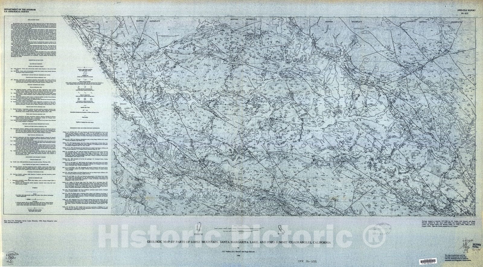 Map : Geologic map of parts of Lopez Mountain, Santa Margarita Lake, and Pozo Summit quadrangle, California, 1986 Cartography Wall Art :