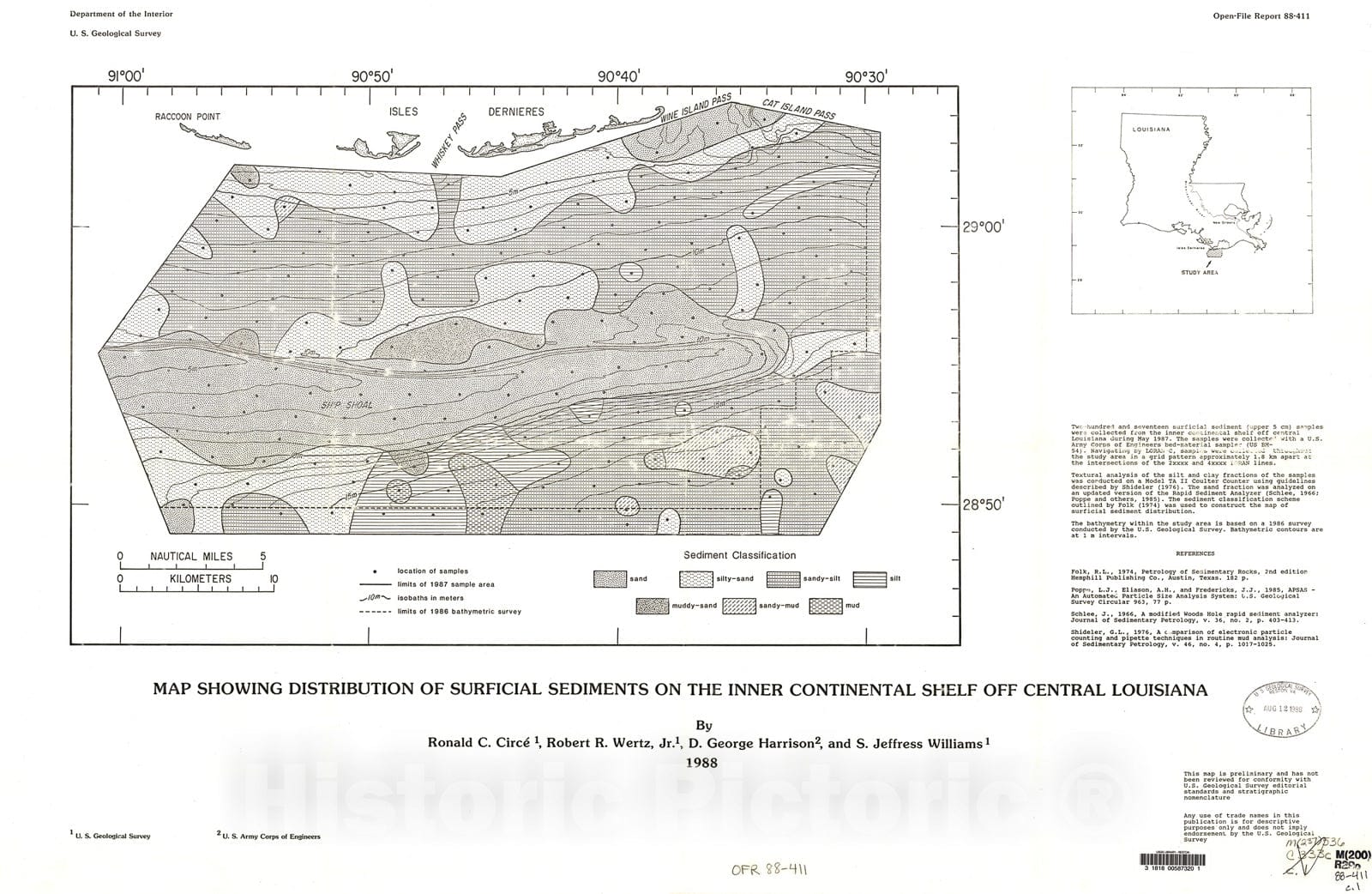 Map : Map showing distribution of surficial sediments on the inner continental shelf off central Louisiana, 1988 Cartography Wall Art :