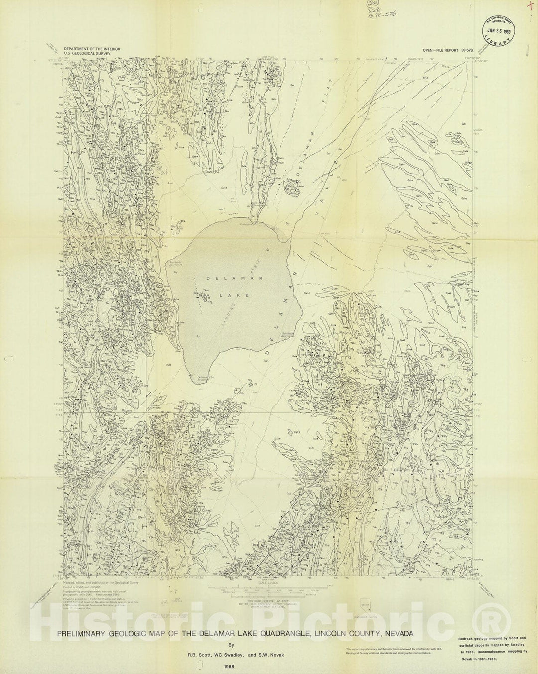 Map : A preliminary geologic map of the Delamar Lake quadrangle, Lincoln County, Nevada, 1988 Cartography Wall Art :