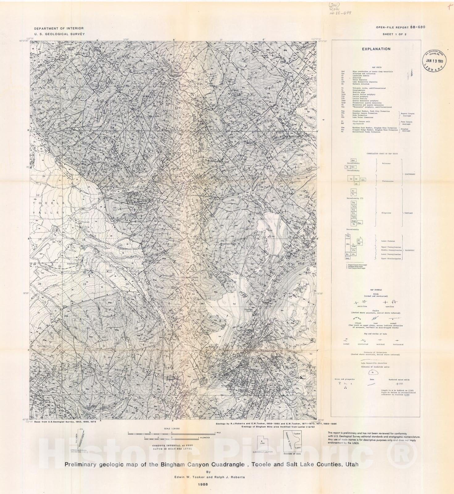 Map : Preliminary geologic map, cross-sections, and explanation pamphlet for the Bingham Canyon 71/2-minute quadrangle, Salt Lake and Tooele Counties, Utah, 1988 Cartography Wall Art :