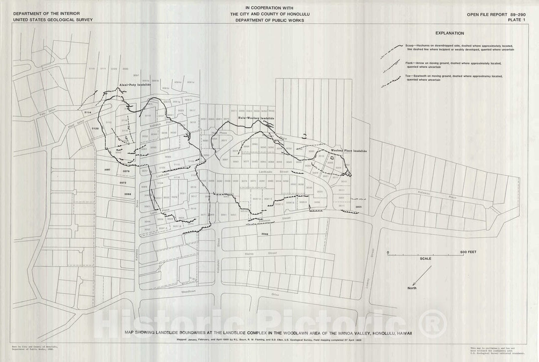 Map : Maps showing landslide features and related ground deformation in the Woodlawn area of the Manoa Valley, city and county of Honolulu, Hawaii, 1989 Cartography Wall Art :