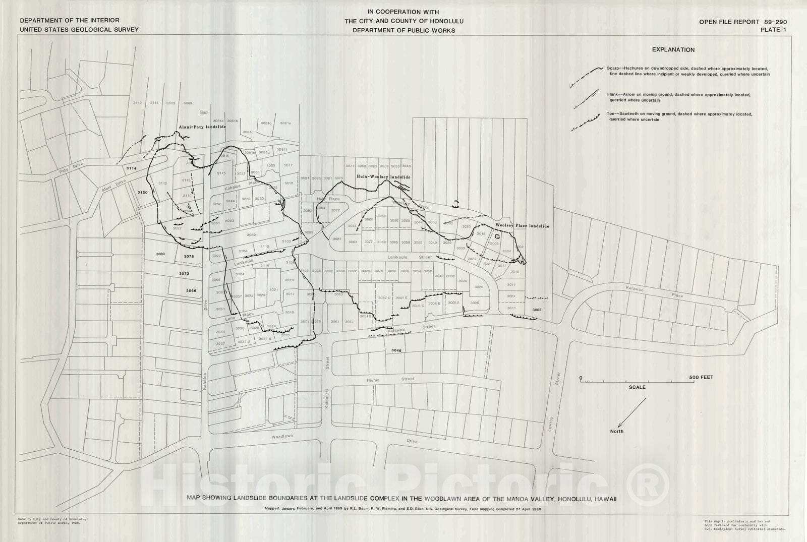 Map : Maps showing landslide features and related ground deformation in the Woodlawn area of the Manoa Valley, city and county of Honolulu, Hawaii, 1989 Cartography Wall Art :