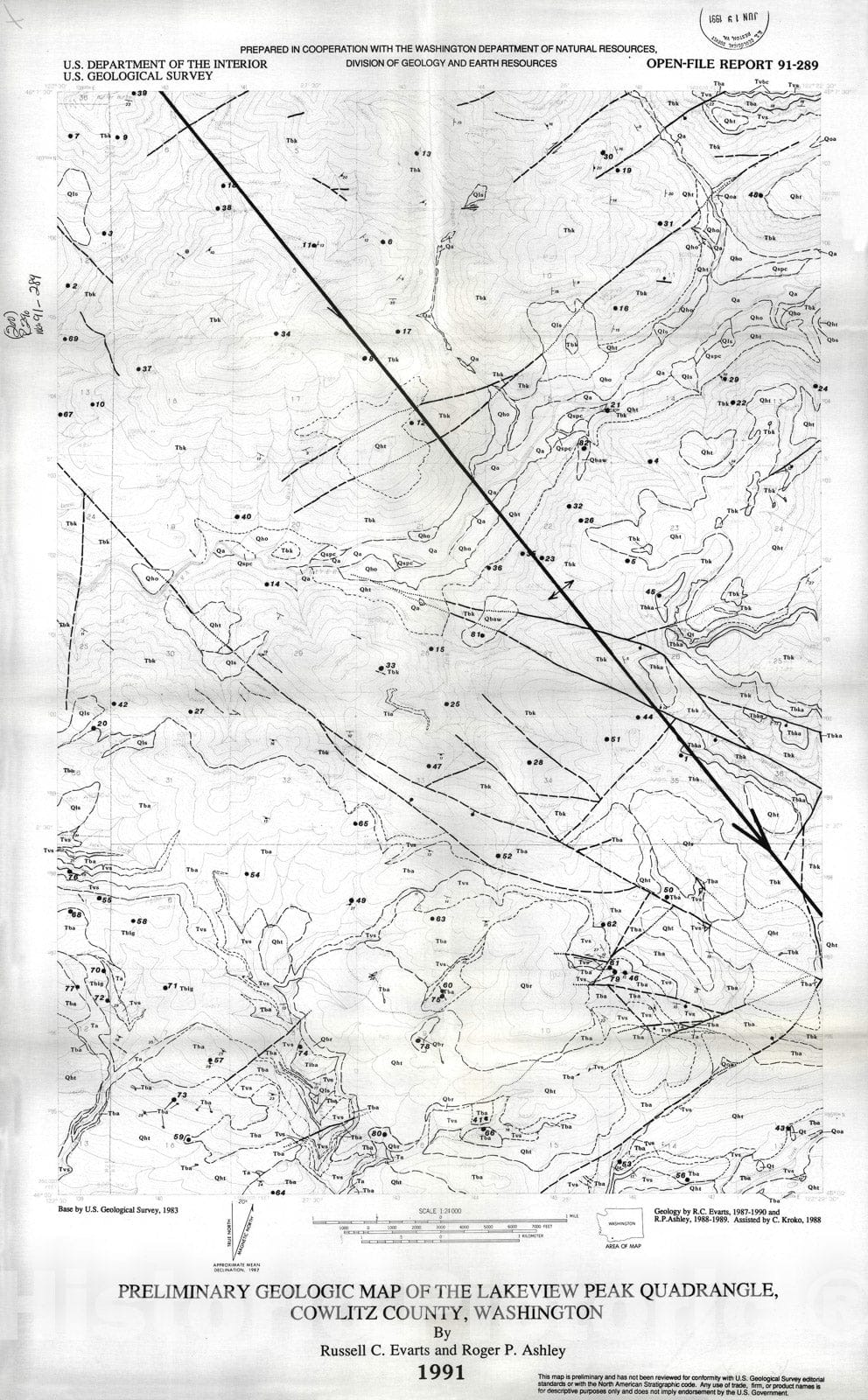 Map : Preliminary geologic map of the Lakeview Peak quadrangle, Cowlitz County, Washington, 1991 Cartography Wall Art :