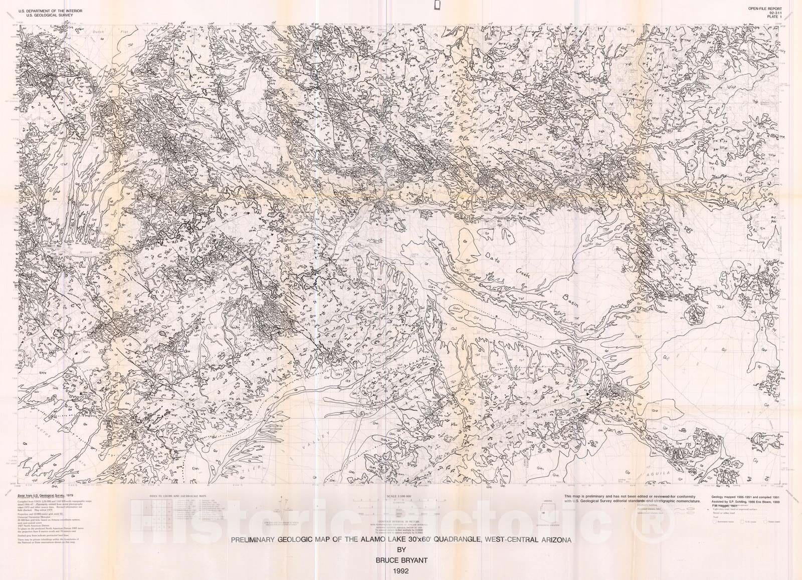 Map : Preliminary geologic map of the Alamo Lake 30' X 60' quadrangle, west-central Arizona, 1992 Cartography Wall Art :