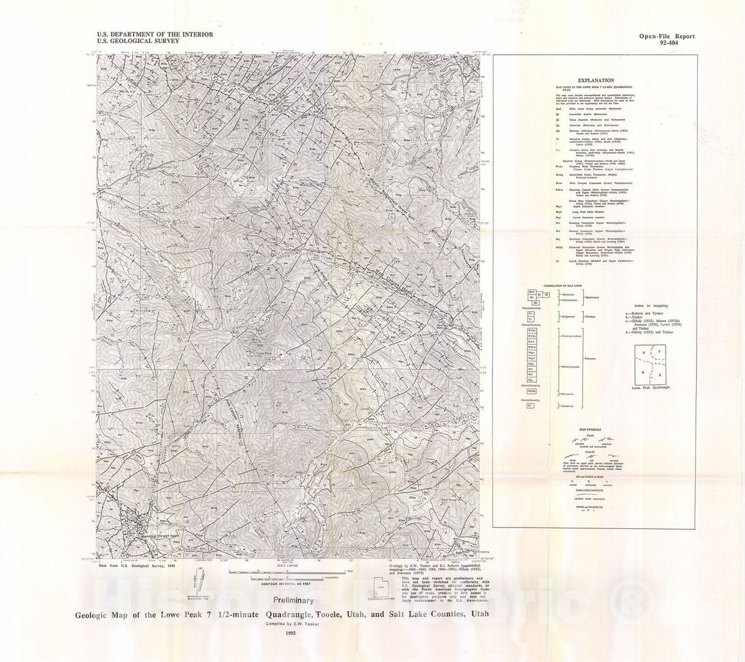 Map : Preliminary geologic map of the Lowe Peak seven 1/2 minute quadrangle, Tooele, Utah, and Salt Lake Counties, Utah, 1992 Cartography Wall Art :