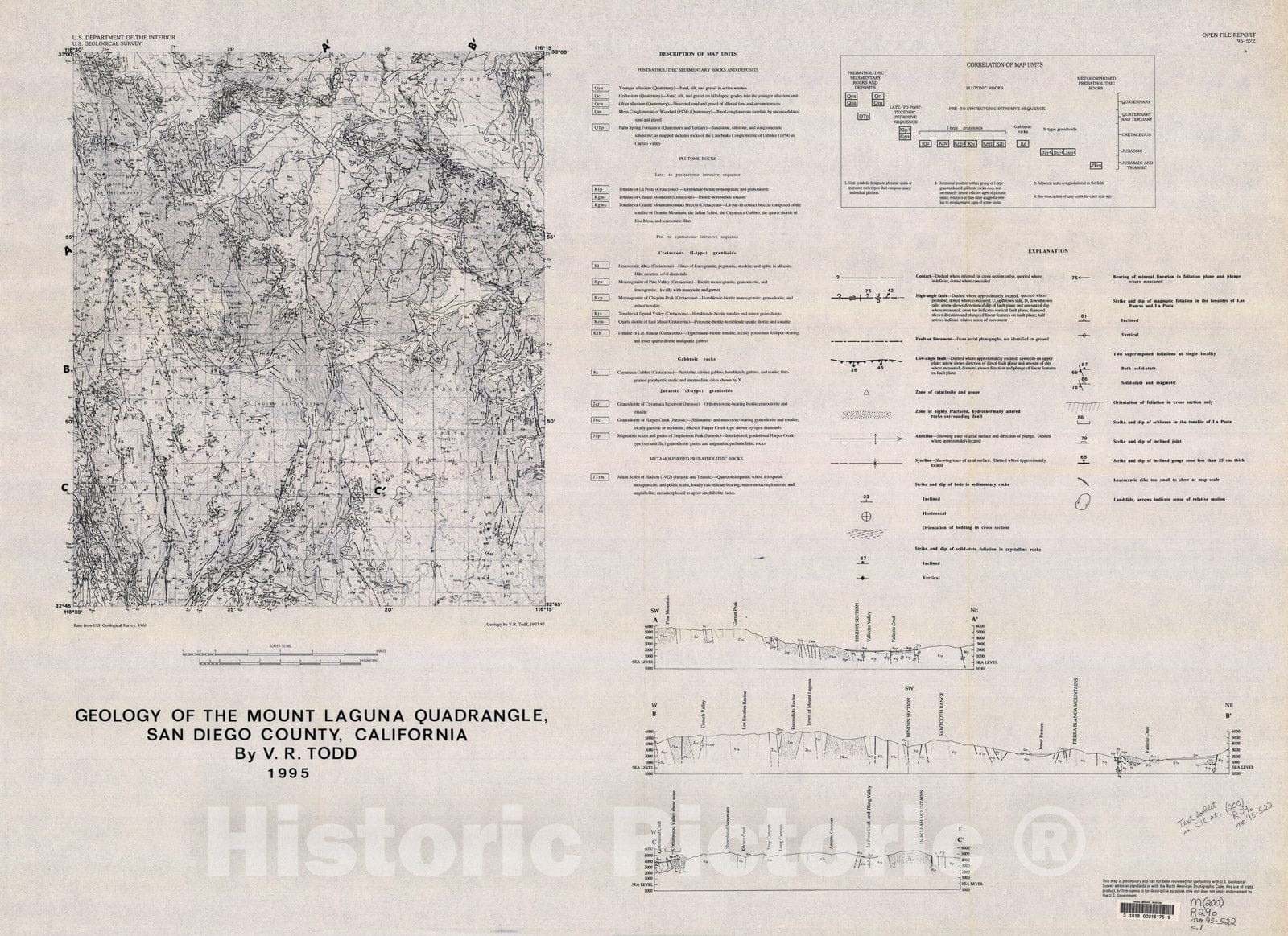 Map : Geology of the Mount Laguna quadrangle, San Diego County, California, 1995 Cartography Wall Art :