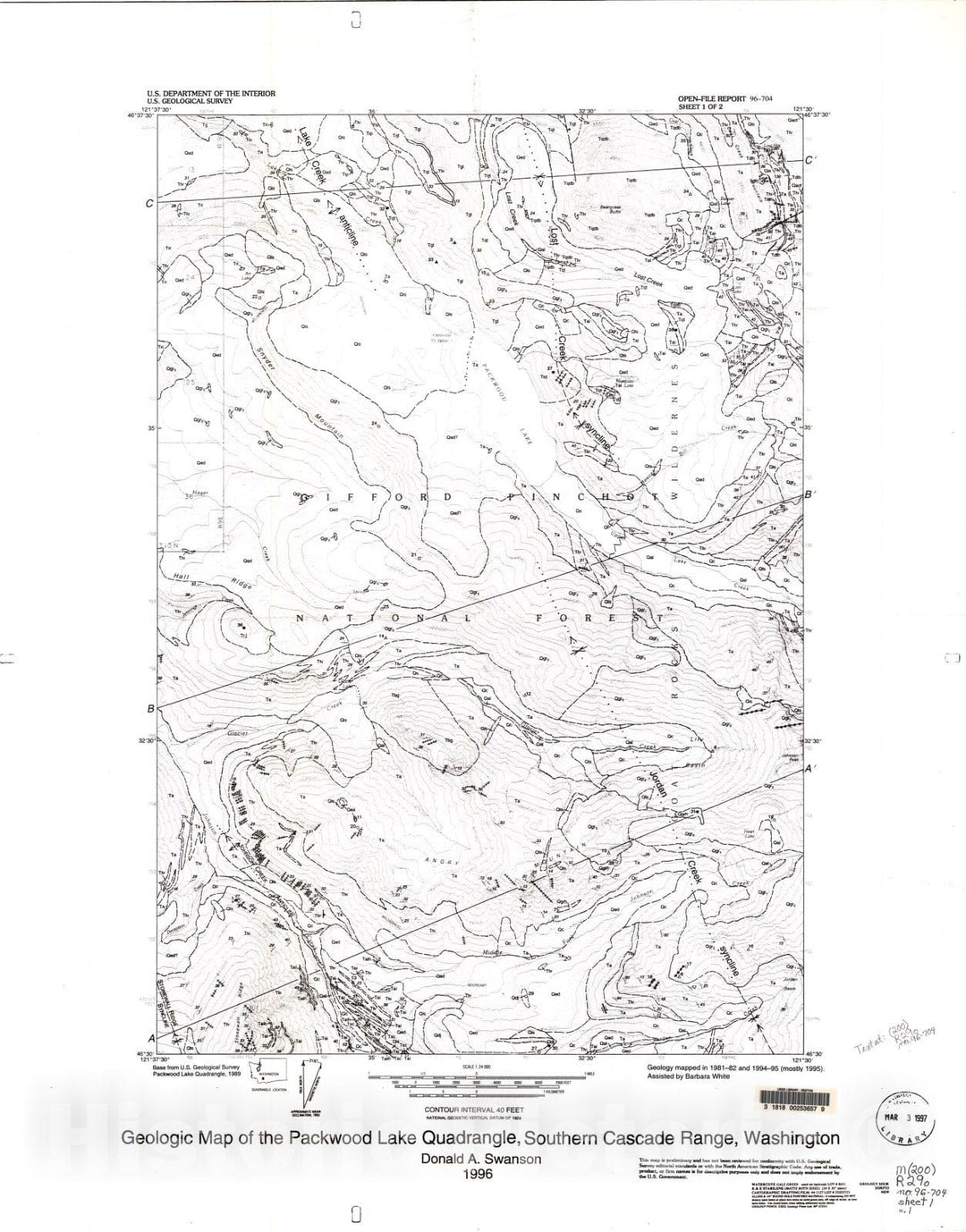 Map : Geologic map of the Packwood Lake quadrangle, southern Cascade Range, Washington, 1996 Cartography Wall Art :