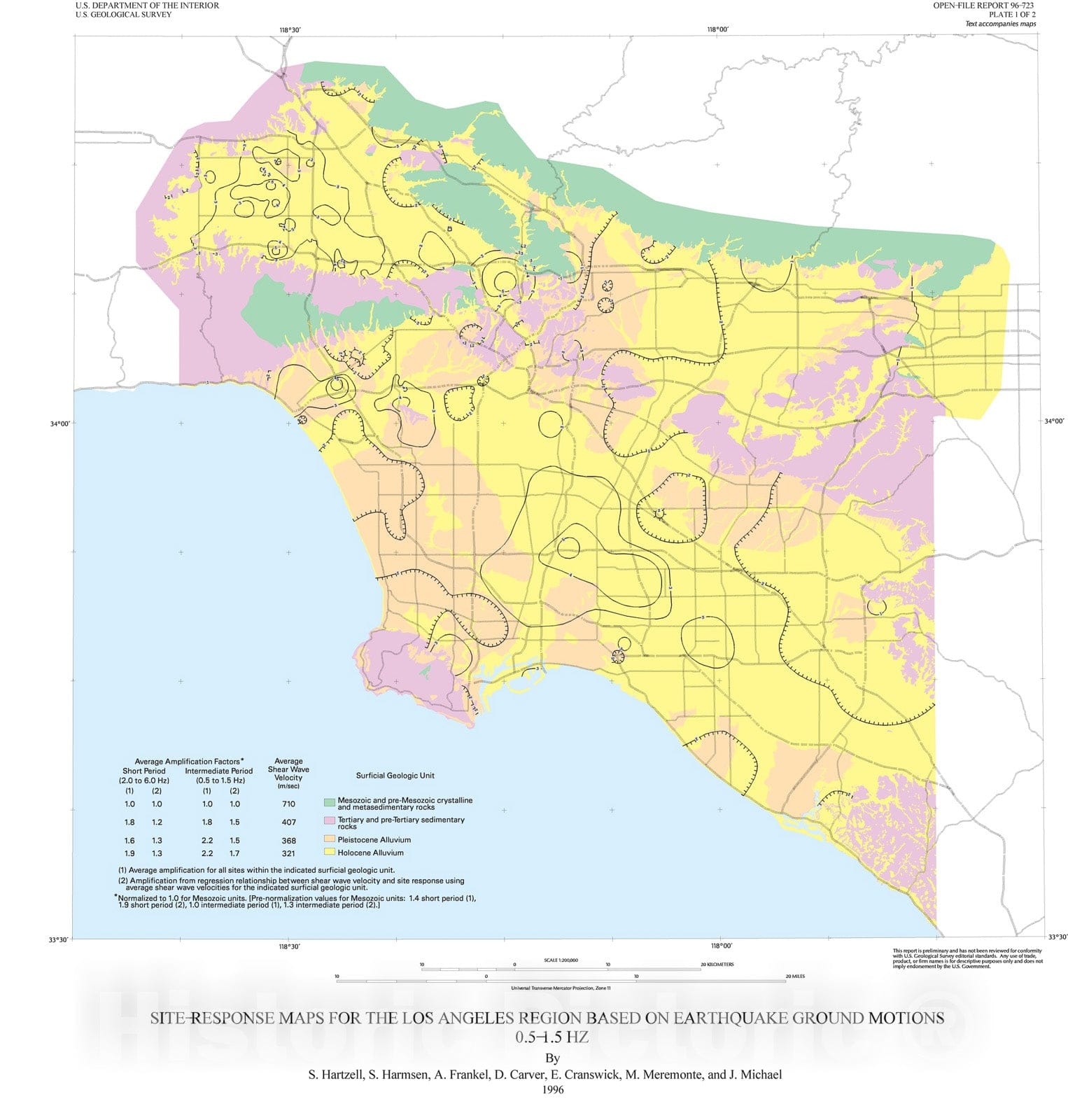 Map : Site-response maps for the Los Angeles region based on earthquake ground motion, 1996 Cartography Wall Art :