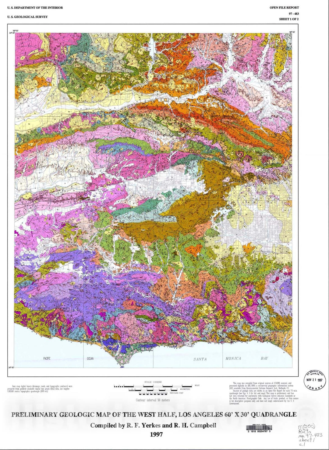 Map : Preliminary geologic map of the west half, Los Angeles 60' x 30' quadrangle, 1997 Cartography Wall Art :