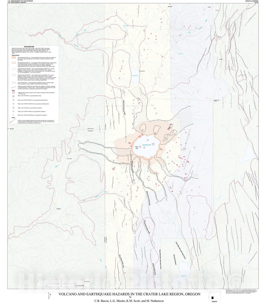 Map : Volcano and earthquake hazards in the Crater Lake region, Oregon, 1997 Cartography Wall Art :