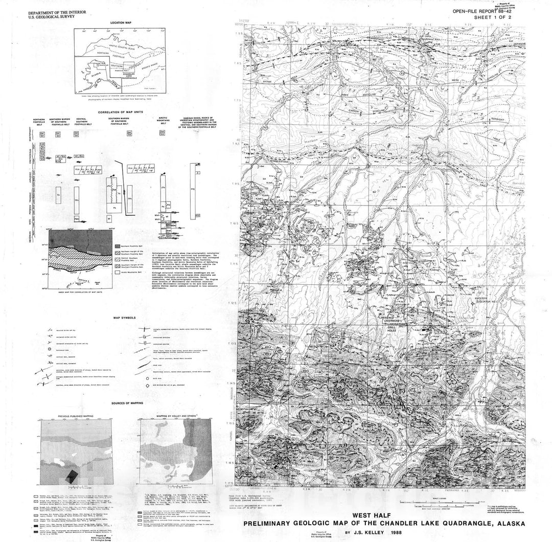 Map : Preliminary geologic map of the Chandler Lake quadrangle, Alaska, 1988 Cartography Wall Art :