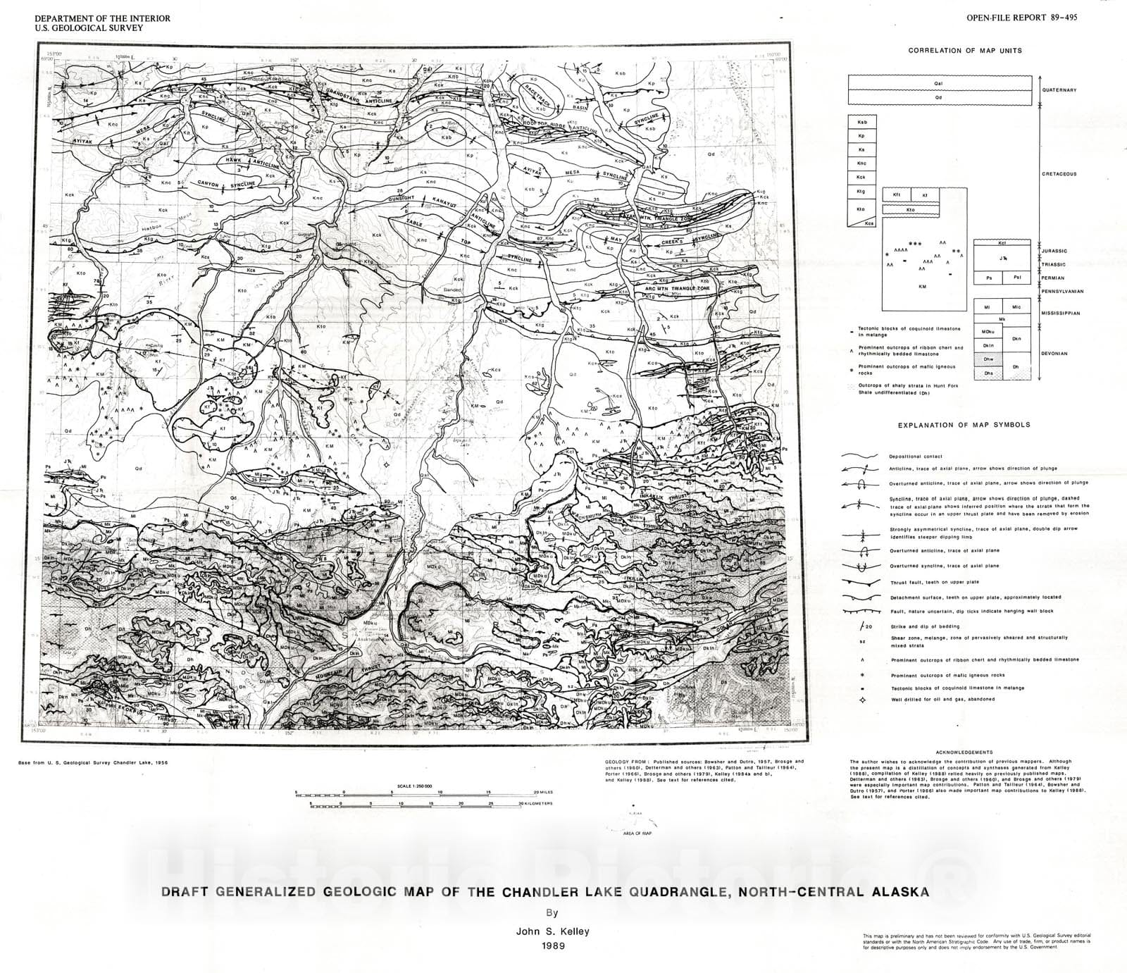 Map : Draft generalized geologic map of the Chandler Lake quadrangle, north-central Alaska, 1989 Cartography Wall Art :