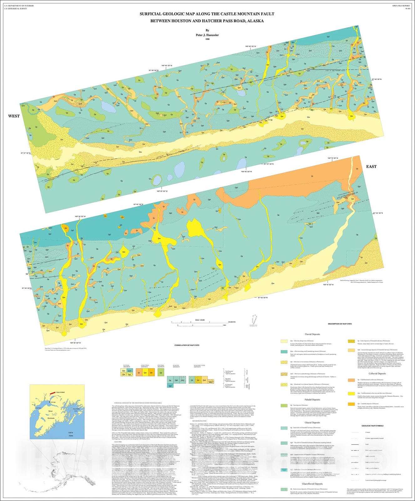 Map : Surficial geologic map along the Castle Mountain fault between Houston and Hatcher Pass Road, Alaska, 1998 Cartography Wall Art :