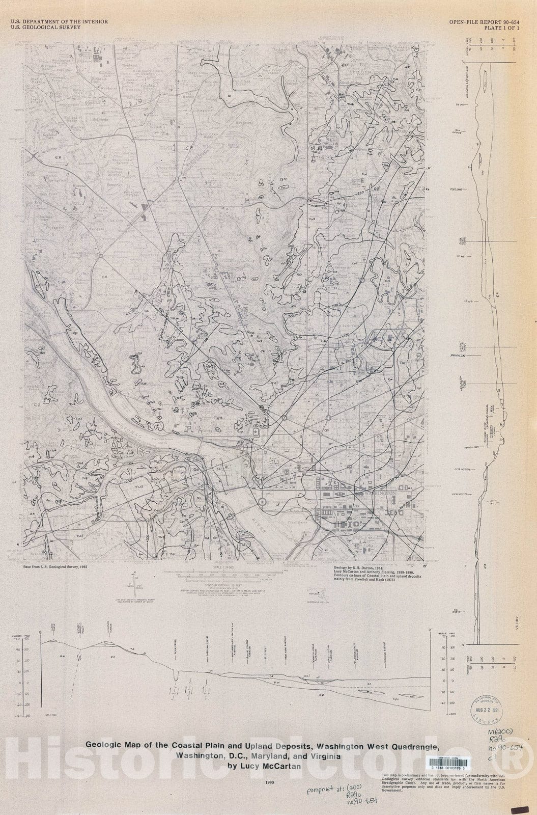 Map : Geologic map of the Coastal Plain and upland deposits, Washington West quadrangle, Washington D.C., Maryland and Virginia, 1990 Cartography Wall Art :