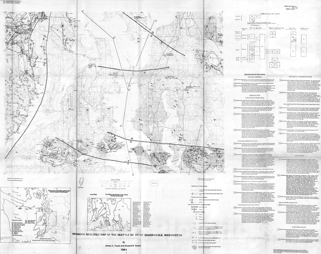 Map : Bedrock geologic map of the Seattle 30' by 60' quadrangle, Washington, 1991 Cartography Wall Art :