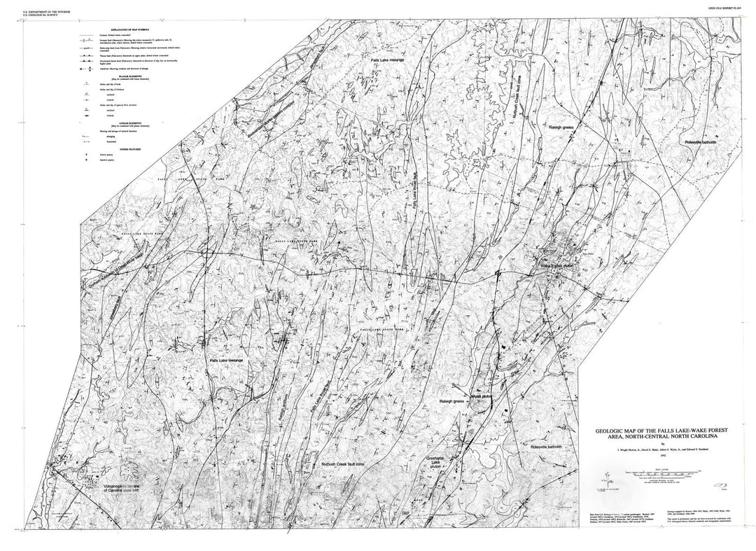 Map : Geologic map of the Falls Lake-Wake Forest area, north-central North Carolina, 1992 Cartography Wall Art :