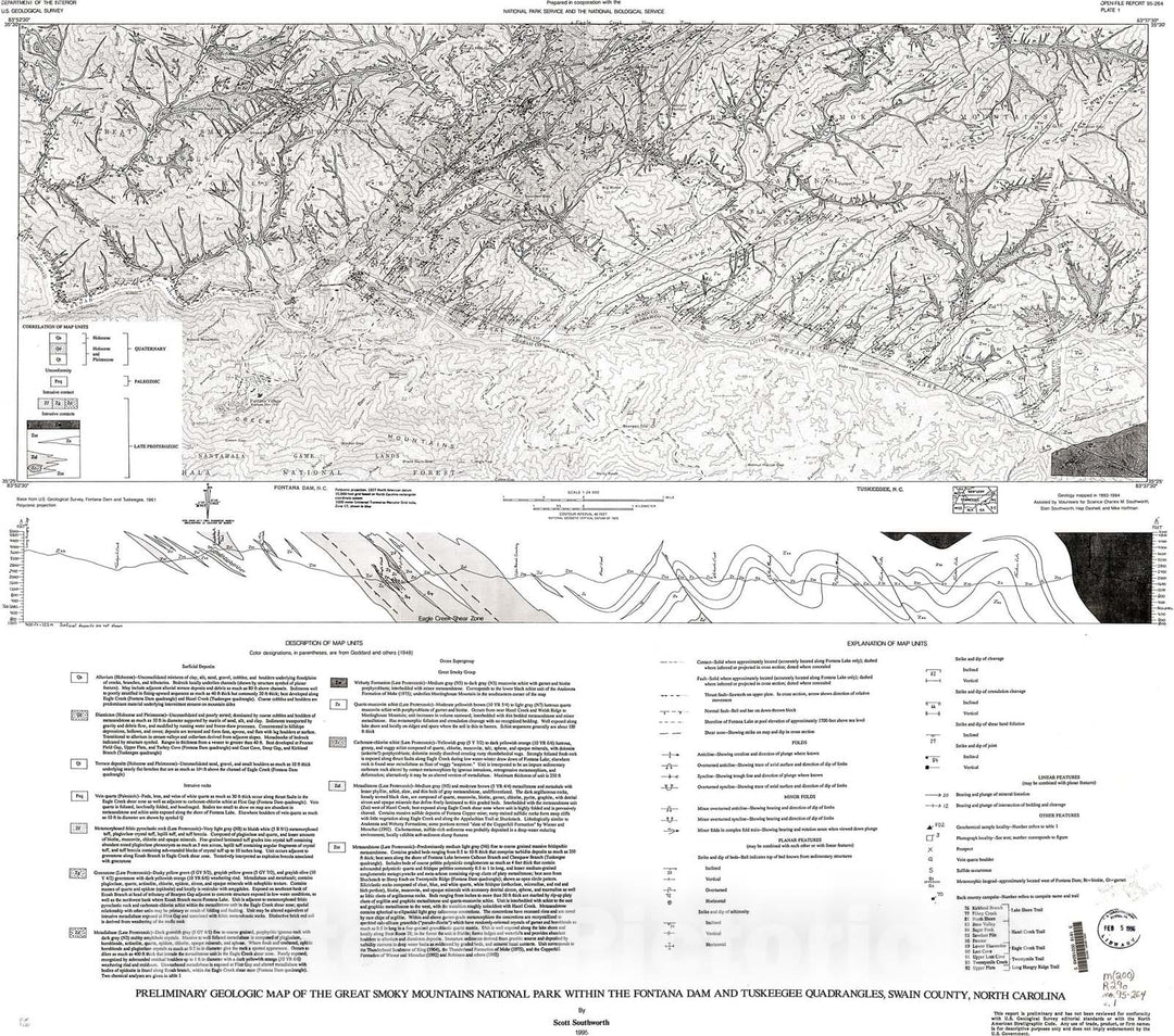 Map : Preliminary geologic map of the Great Smoky Mountains National Park within the Fontana Dam and Tuskeegee quadrangles, Swain County, North Carolina, 1995 Cartography Wall Art :