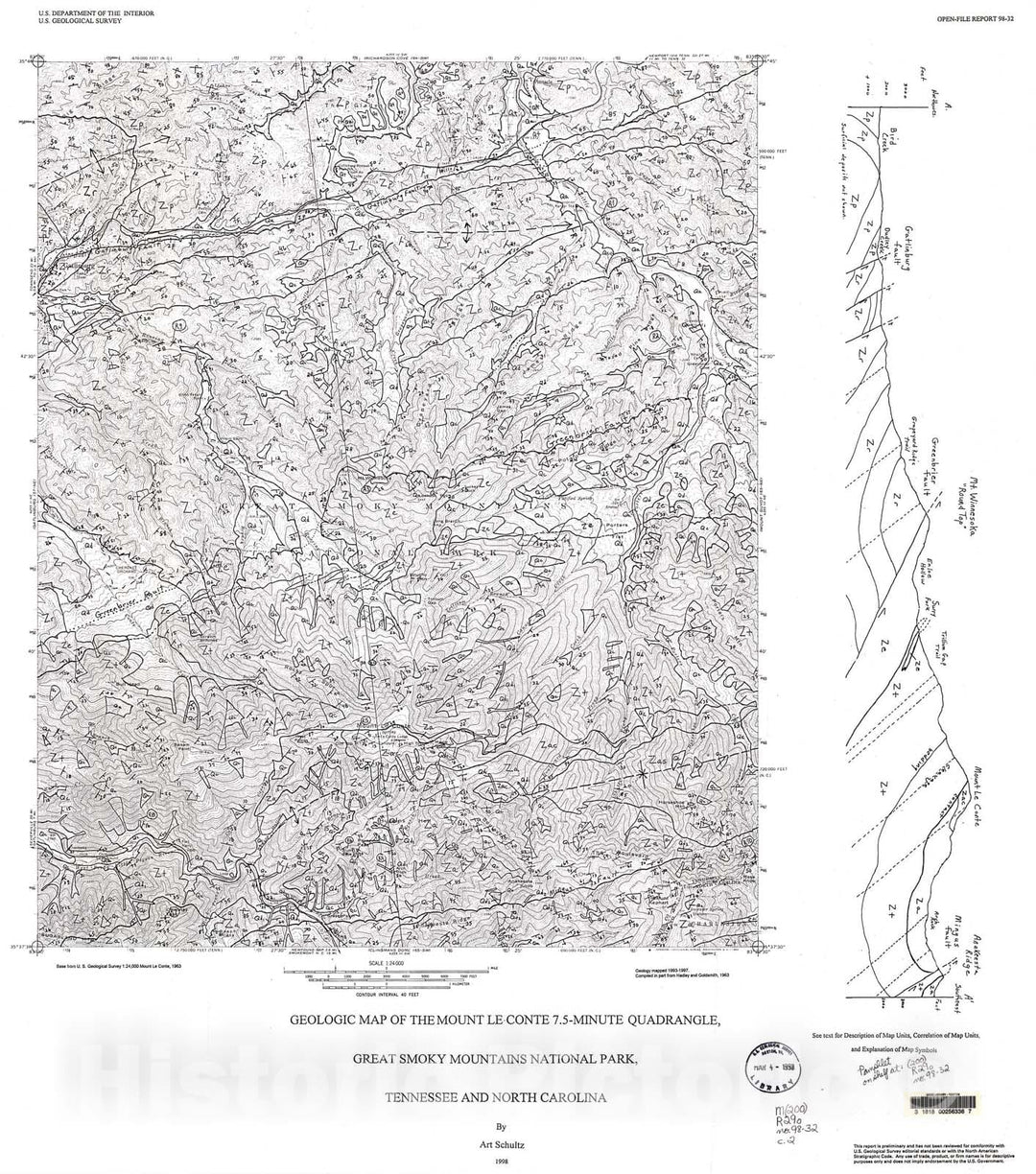 Map : Geologic map of the Mount Le Conte 7.5-minute quadrangle, Great Smoky Mountains National Park, Tennessee and North Carolina, 1998 Cartography Wall Art :