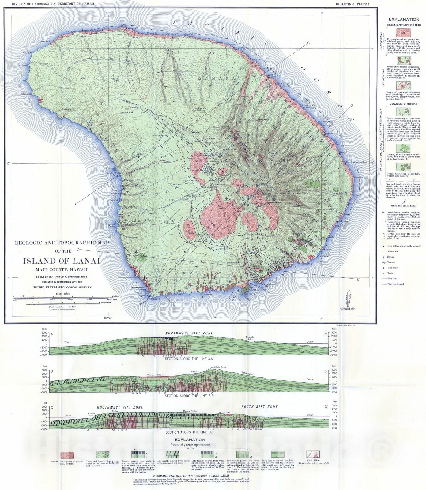 Map : Geology and ground-water resources of the Island of Lanai - part 1, 1940 Cartography Wall Art :