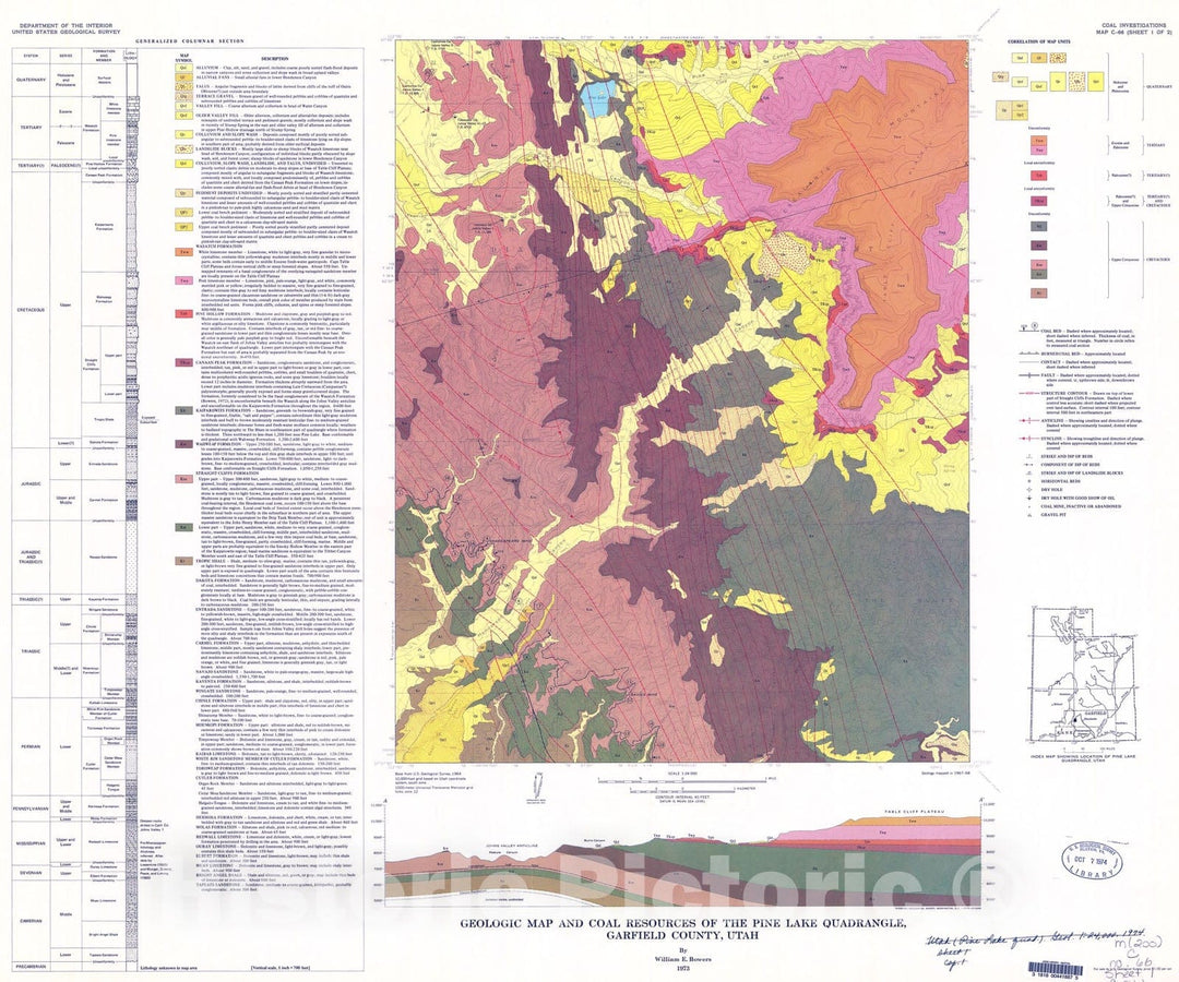 Map : Geologic map and coal resources of the Pine Lake quadrangle, Garfield County, Utah, 1973 Cartography Wall Art :