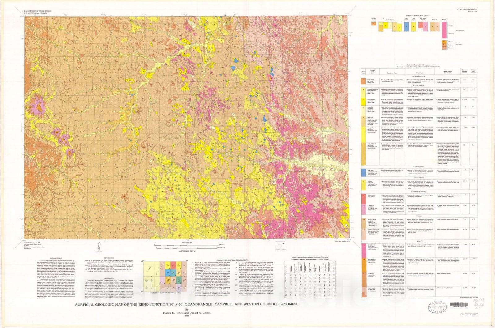 Map : Surficial geologic map of the Reno Junction 30' x 60' quadrangle, Campbell and Weston Counties, Wyoming, 1987 Cartography Wall Art :