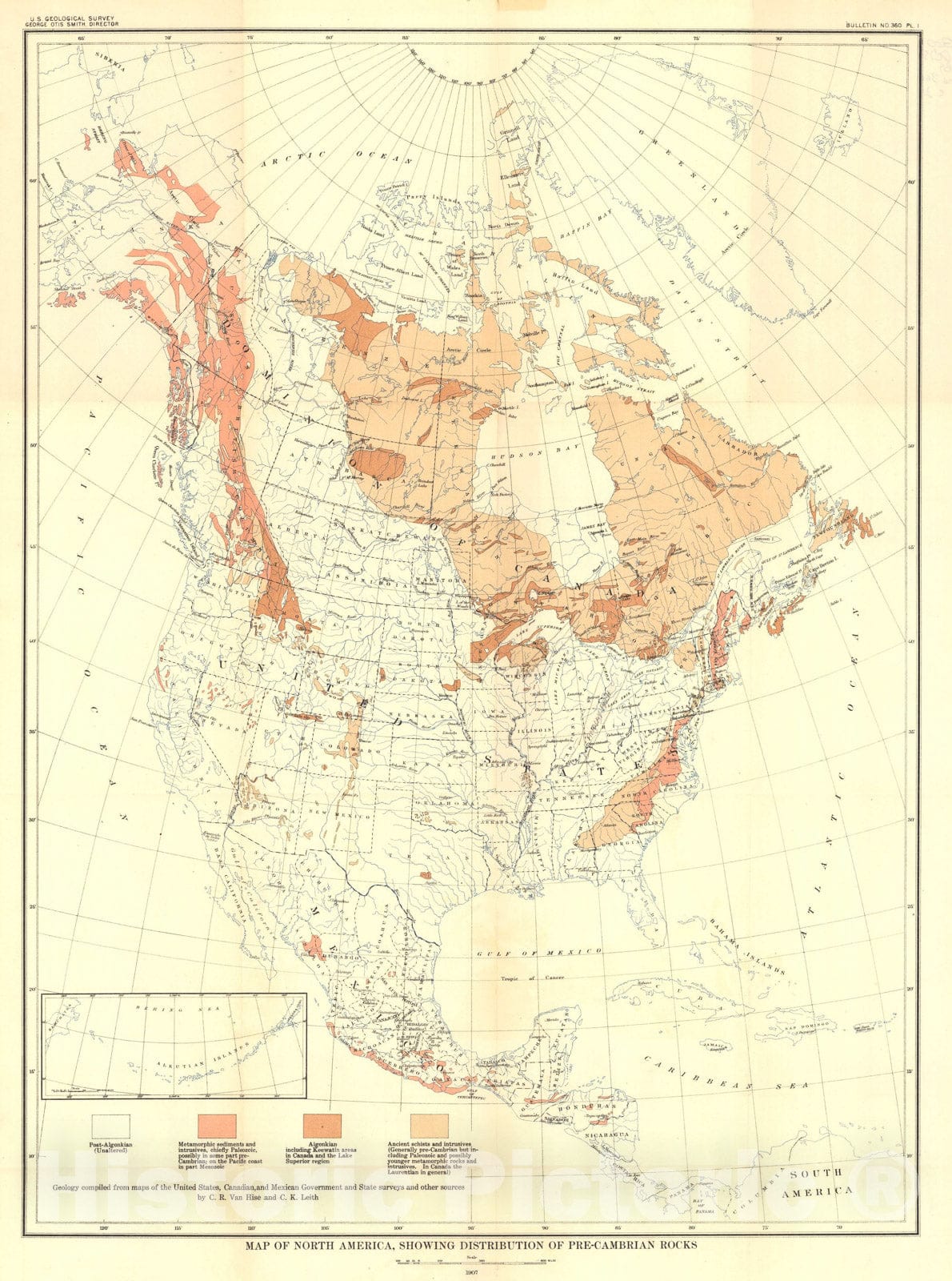 Map : Pre-Cambrian geology of North America, 1909 Cartography Wall Art :