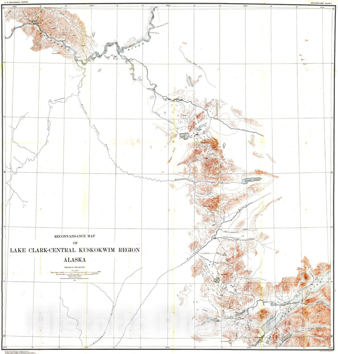 Map : Lake Clark - central Kuskokwim region, Alaska, 1917 Cartography Wall Art :