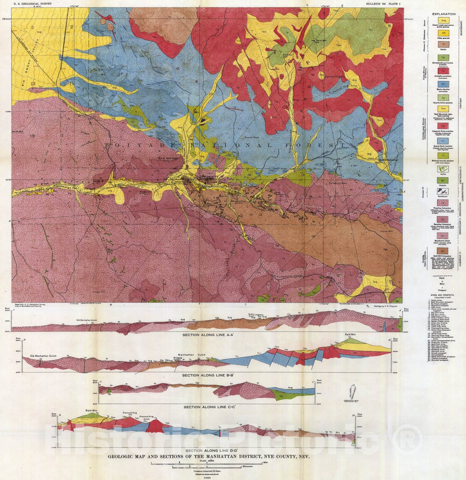 Map : Geology and ore deposits of the Manhattan district, Nevada, 1924 Cartography Wall Art :