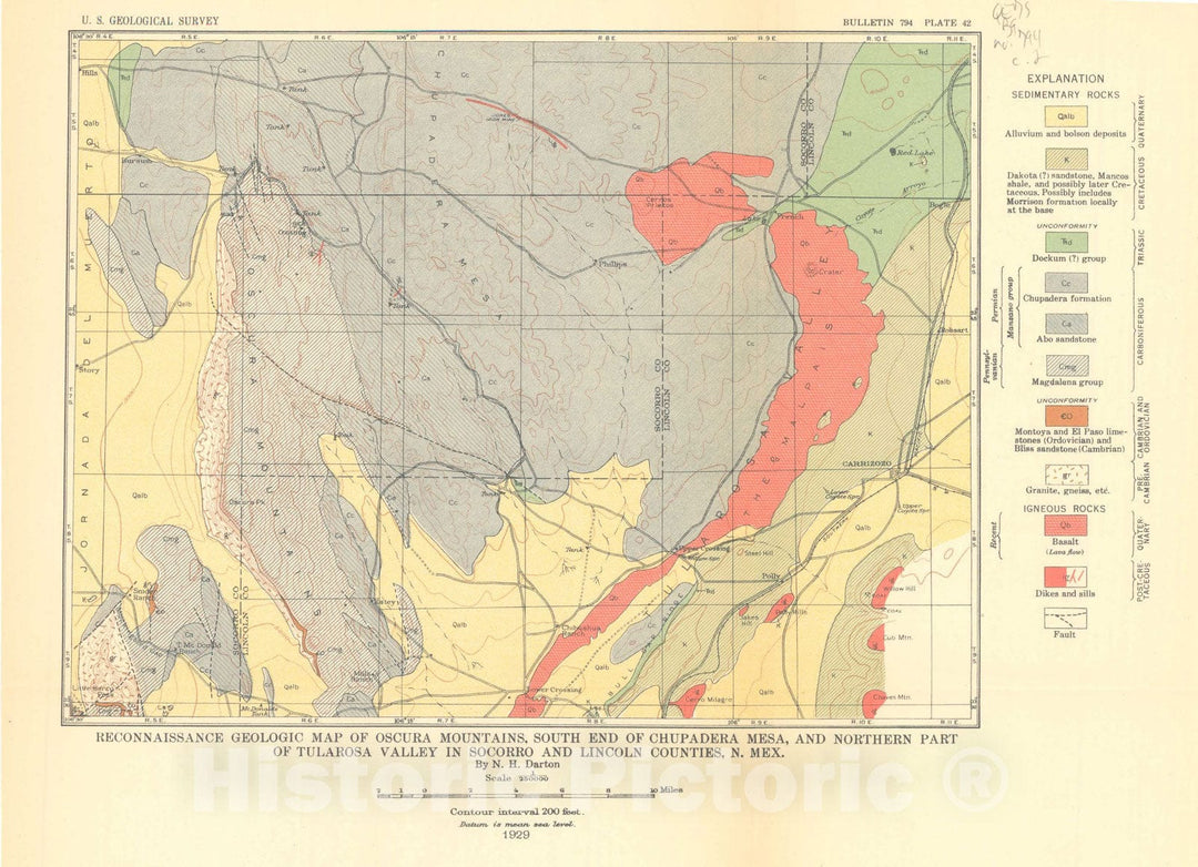 Map : Red beds and associated formations in New Mexico, with an outline of the geology of the state [Oscura Mts., Chupadera Mesa, Tularosa Valley, pl.42], 1928 Cartography Wall Art :