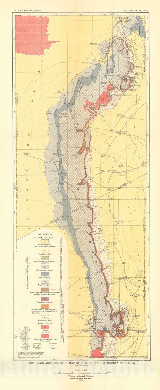 Map : Red beds and associated formations in New Mexico, with an outline of the geology of the state [San Andreas Mts., pl.40], 1928 Cartography Wall Art :