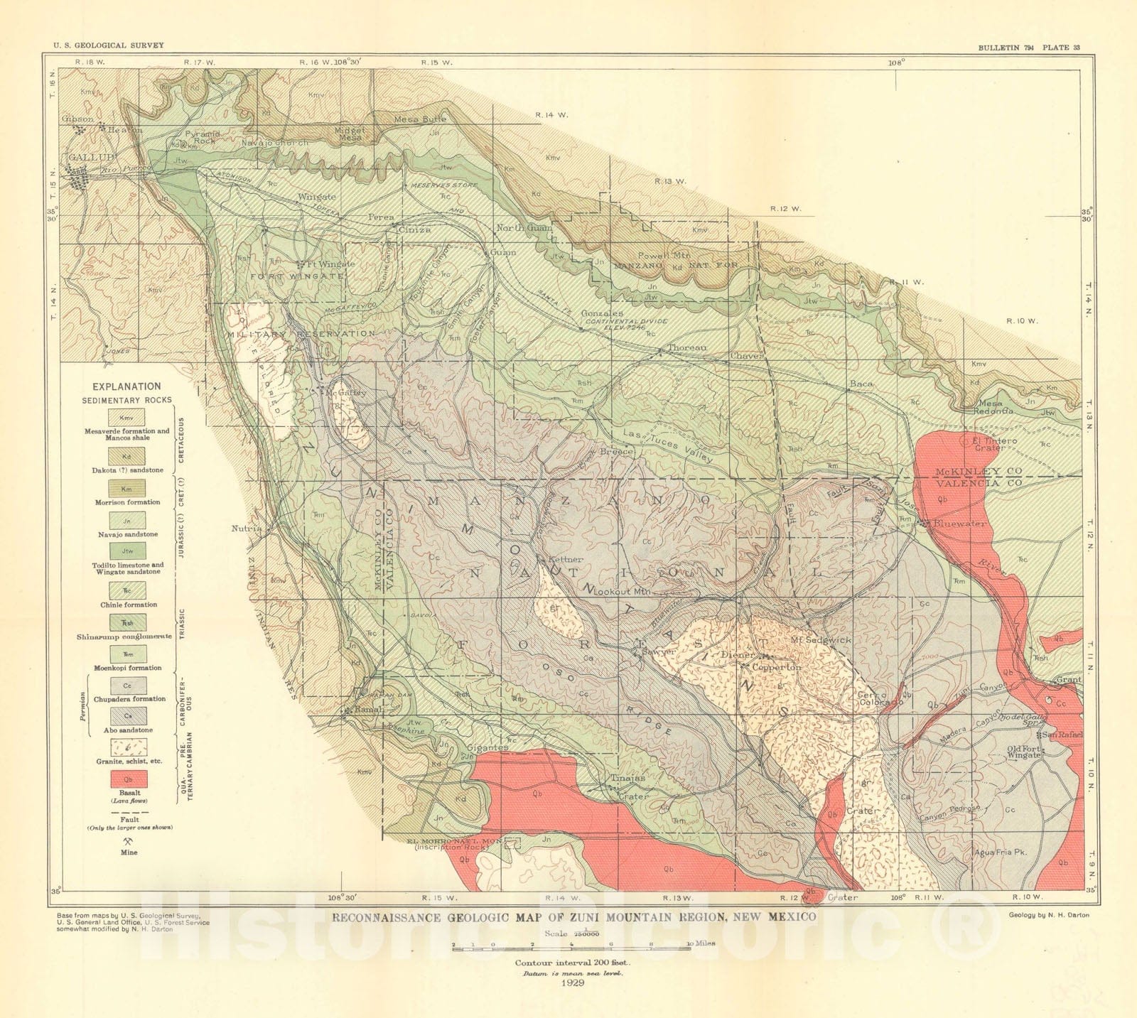 Map : Red beds and associated formations in New Mexico, with an outline of the geology of the state [Zuni Mountain region, pl.33], 1928 Cartography Wall Art :