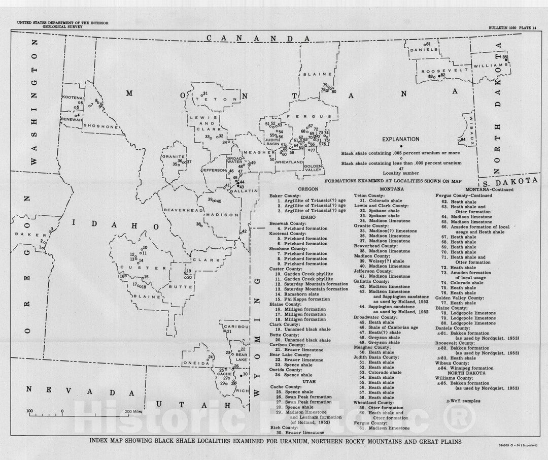 Map : Uranium in black shale deposits, northern Rocky Mountains and Great Plains, 1956 Cartography Wall Art :