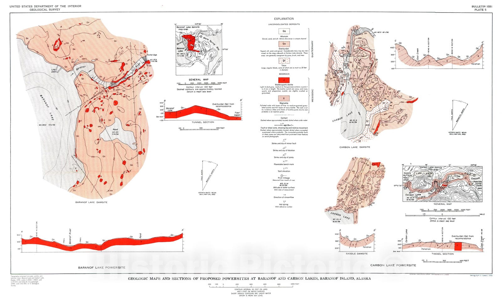 Map : Geologic investigations of proposed powersites at Baranof and Carbon Lakes, Baranof Island, Alaska, 1961 Cartography Wall Art :