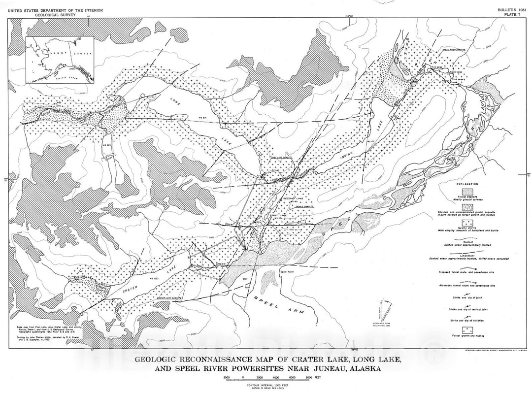 Map : Geology of waterpower sites on Crater Lake, Long Lake, and Speel River near Juneau, Alaska, 1962 Cartography Wall Art :