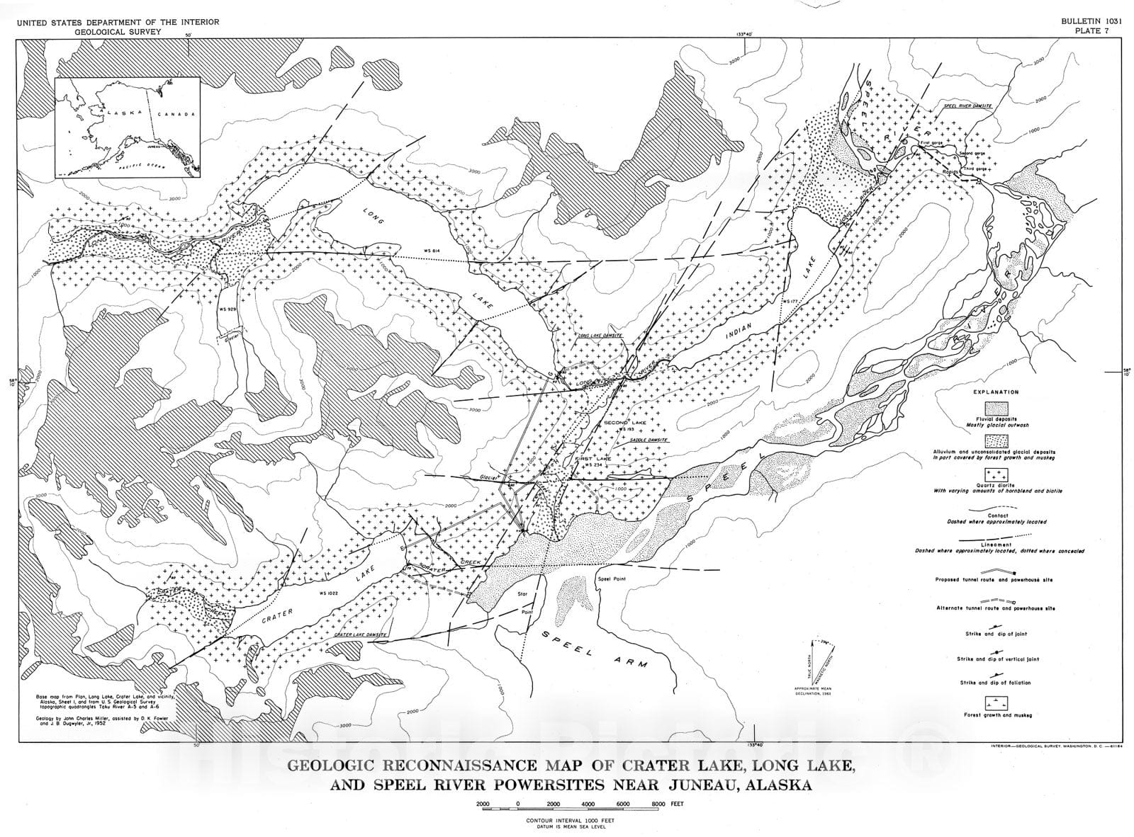 Map : Geology of waterpower sites on Crater Lake, Long Lake, and Speel River near Juneau, Alaska, 1962 Cartography Wall Art :