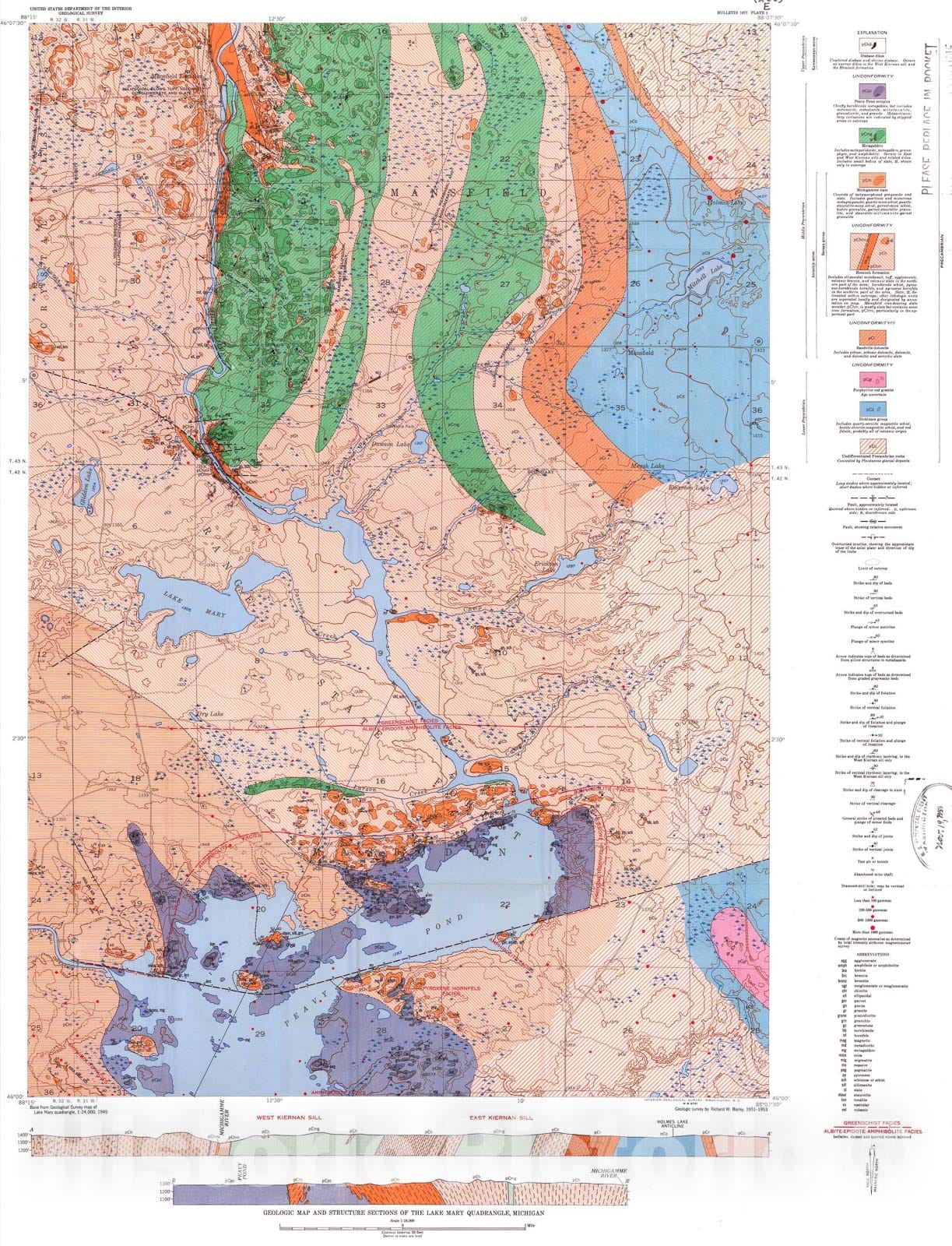 Map : Geology of the Lake Mary quadrangle, Iron County, Michigan, 1959 Cartography Wall Art :