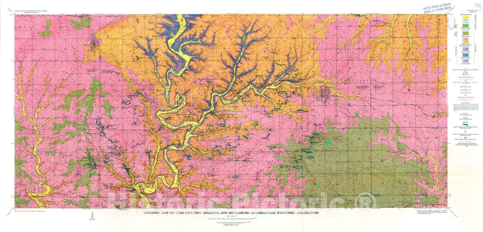 Map : Geology of the Cuba City, New Diggings, and Shullsburg quadrangles, Wisconsin and Illinois, 1964 Cartography Wall Art :