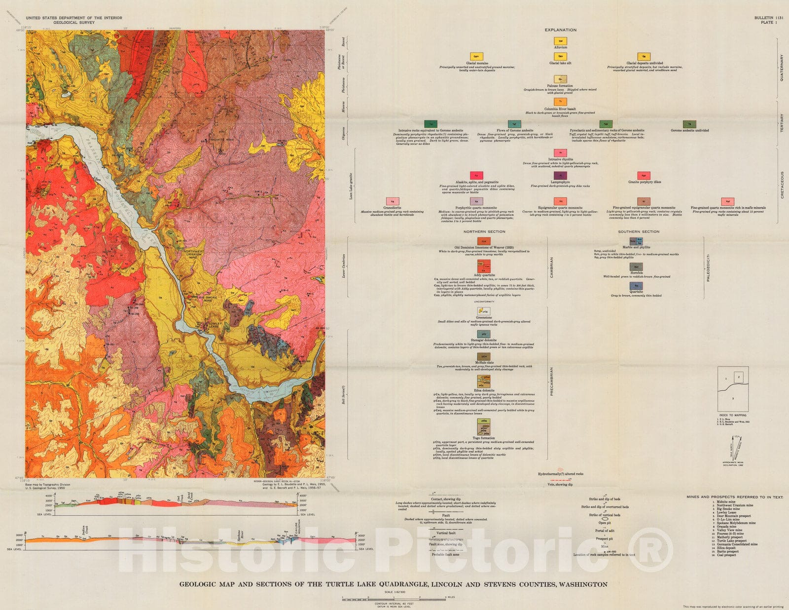 Map : Geology and mineral deposits of the Turtle Lake quadrangle, Washington, 1963 Cartography Wall Art :