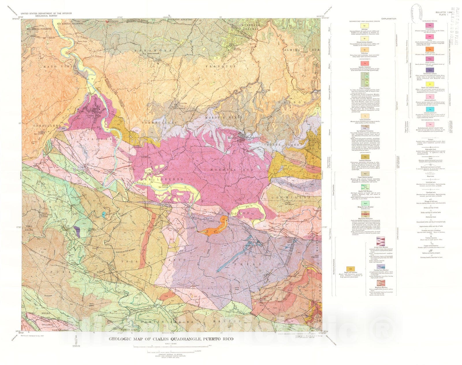 Map : Geology of the Ciales quadrangle, Puerto Rico, 1965 Cartography Wall Art :