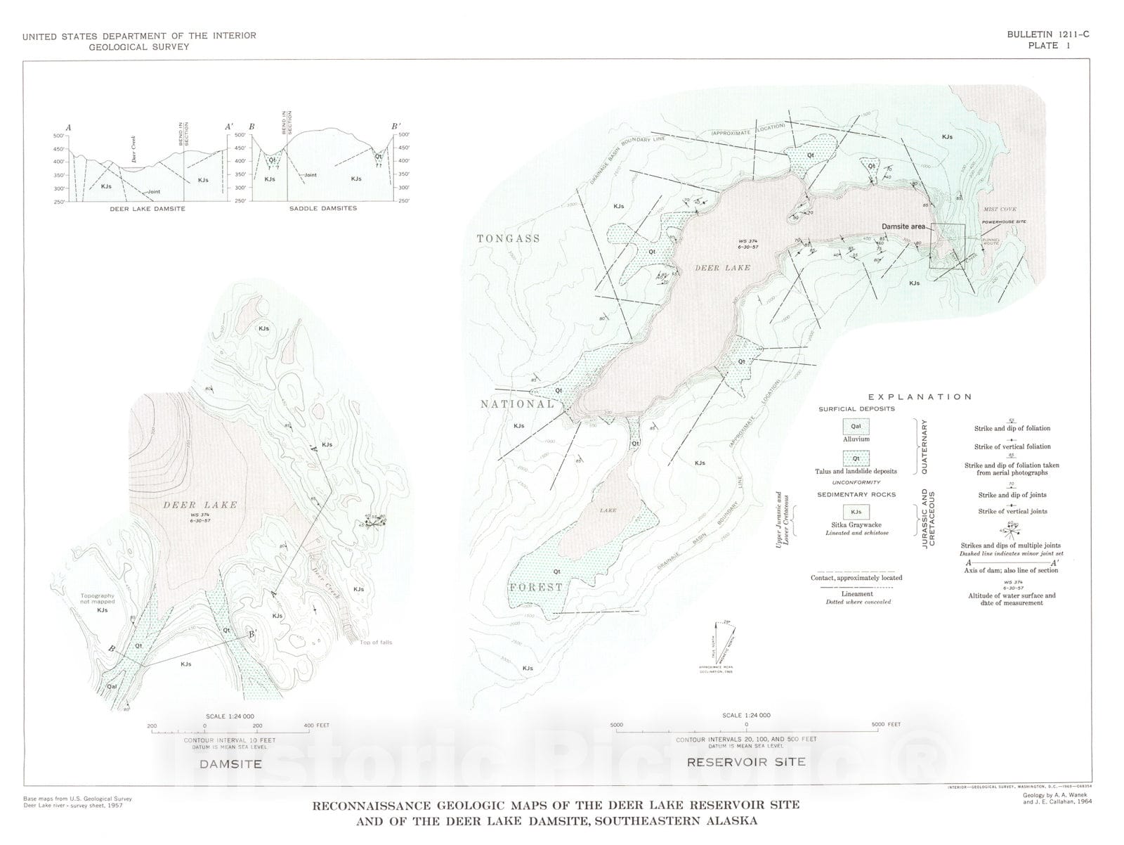 Map : Geology of proposed powersites at Deer Lake and Kasnyku Lake, Baranof Island, southeastern Alaska [Deer Lake area], 1969 Cartography Wall Art :