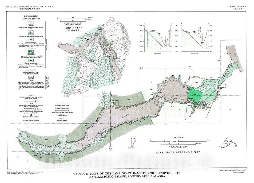 Map : Geologic reconnaissance of a proposed powersite at Lake Grace, Revillagigedo Island, southeastern Alaska, 1971 Cartography Wall Art :