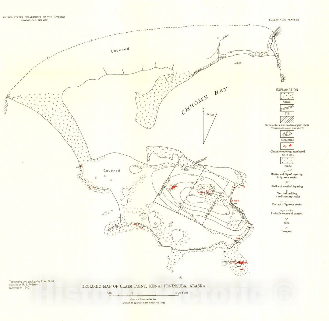 Map : Chrome deposits of Kenai Peninsula, Alaska [Claim Point area], 1942 Cartography Wall Art :