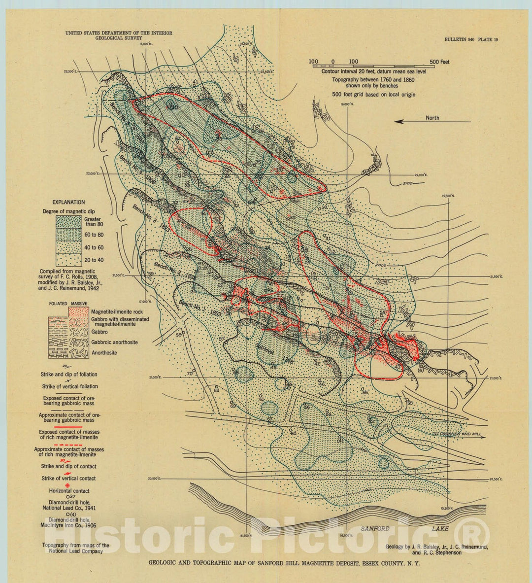 Map : Vanadium-bearing magnetite-ilmenite deposits, near Lake Sanford, Essex County, New York, 1943 Cartography Wall Art :