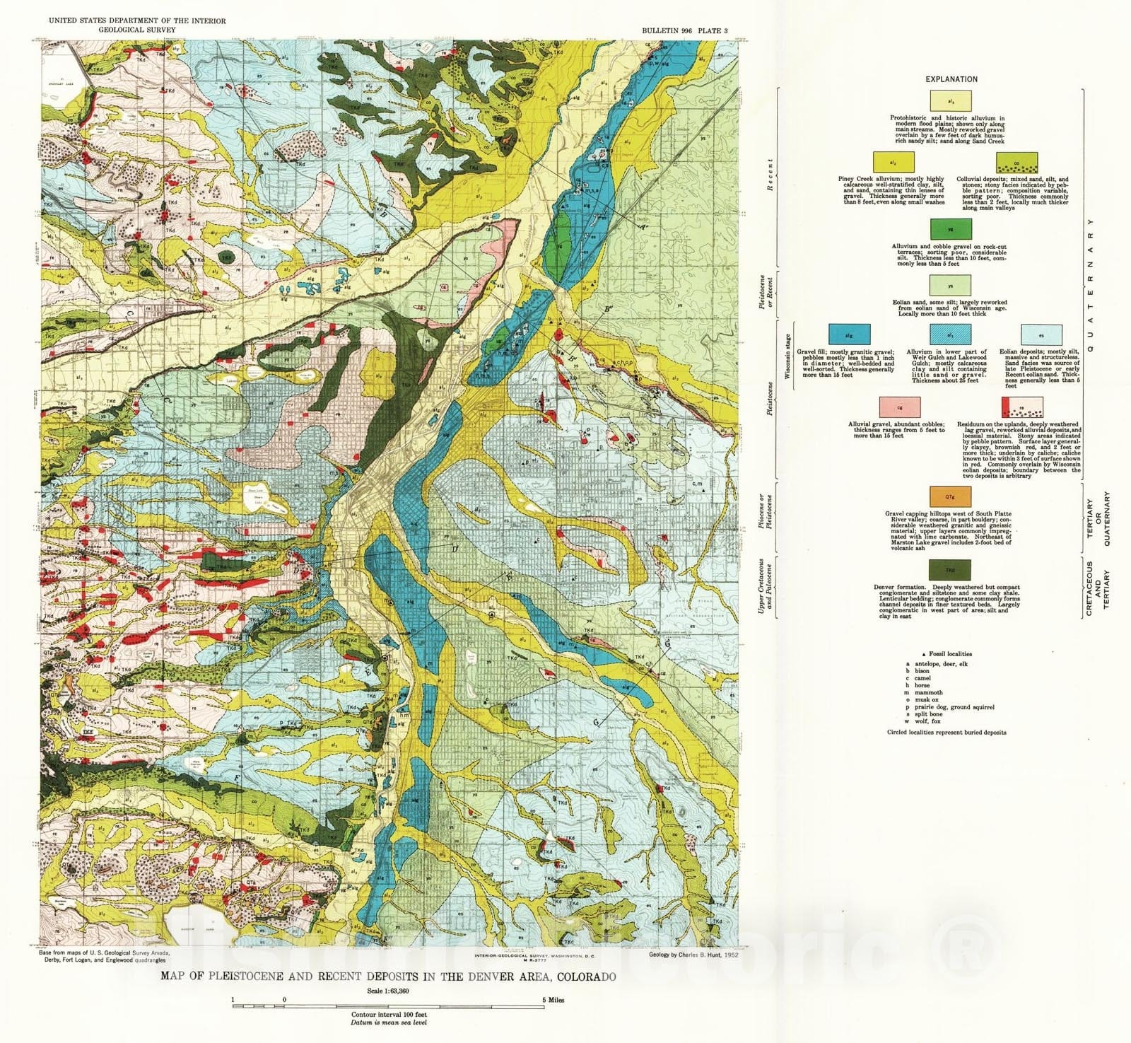 Map : Pleistocene and recent deposits in the Denver area, Colorado, 1954 Cartography Wall Art :