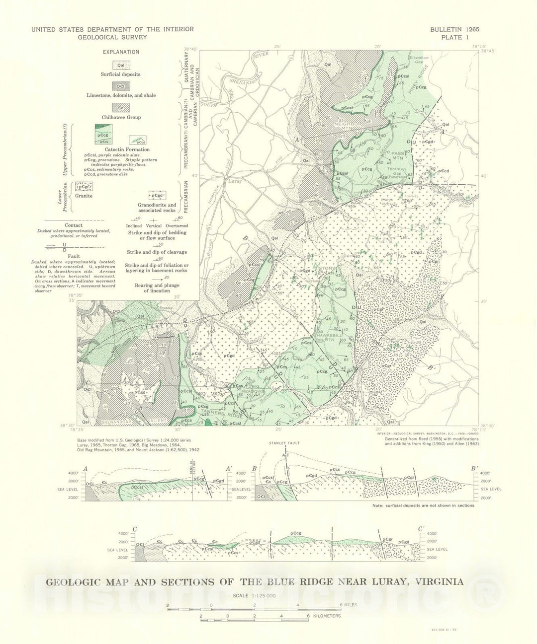 Map : Ancient lavas in Shenandoah National Park, near Luray, Virginia, 1969 Cartography Wall Art :