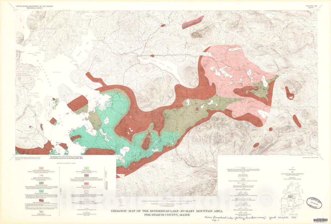 Map : Geology of the Moxie pluton in the Moosehead Lake - Jo-Mary Mountain area, Piscataquis County, Maine, 1972 Cartography Wall Art :