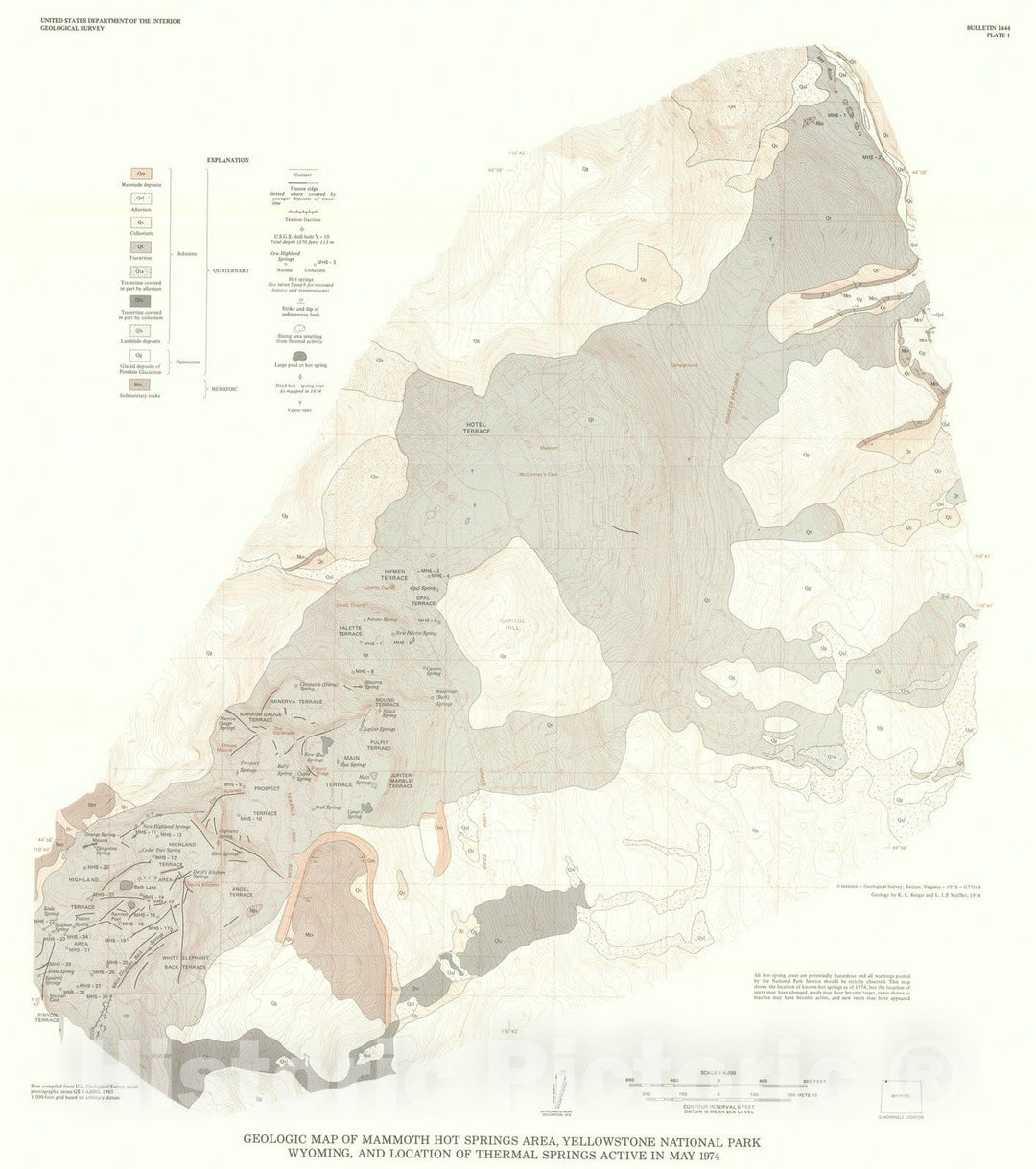 Map : Geology and thermal history of Mammoth Hot Springs, Yellowstone National Park, Wyoming, 1978 Cartography Wall Art :