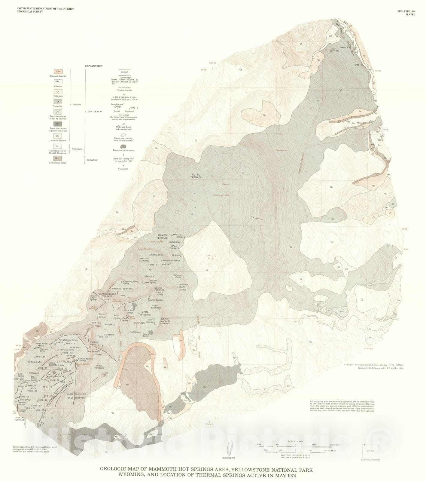 Map : Geology and thermal history of Mammoth Hot Springs, Yellowstone National Park, Wyoming, 1978 Cartography Wall Art :