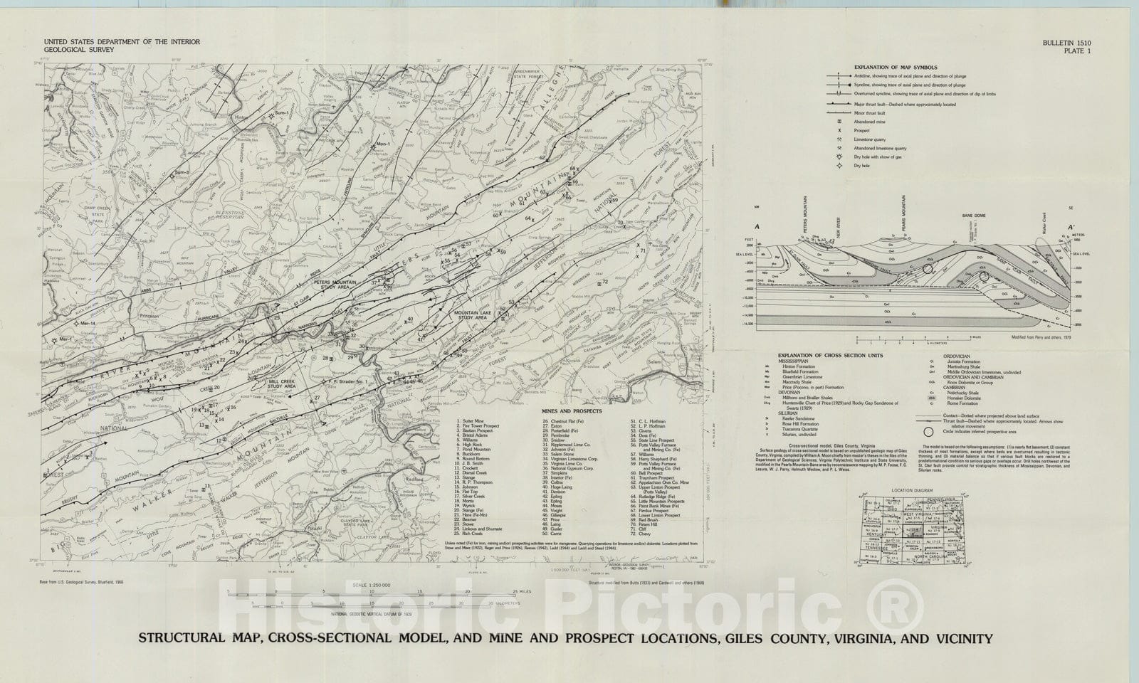 Map : Mineral resources of the Mill Creek, Mountain Lake, and Peters Mountain Wilderness Study Areas, Craig and Giles Counties, Virginia, 1982 Cartography Wall Art :