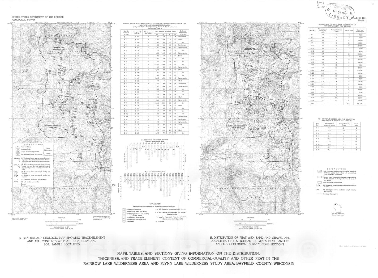 Map : Mineral resources of the Rainbow Lake Wilderness Area and the Flynn Lake Wilderness Area, Bayfield County, Wisconsin, 1981 Cartography Wall Art :